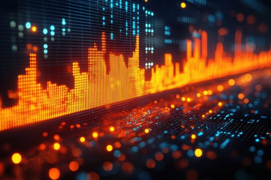 Colorful digital sound wave representation with vibrant orange and blue highlights in a modern tech setting