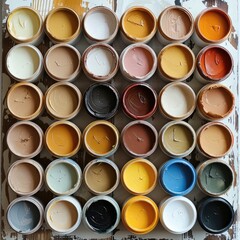 Many paint pots with natural warm colors. top view.