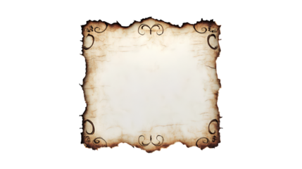 Antique parchment scroll blank template ornate edges burnt paper texture isolated on transparent background 
