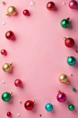 Obraz premium Multicolored Christmas balls scattered on a pastel pink background, whimsical atmosphere, festive colors, playful decoration