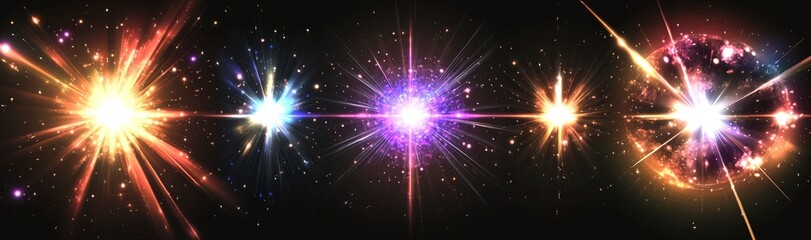 Fototapeta premium Set of light effects, sparks, and sparkles on a transparent background. Vector illustration in PNG format with a white border. --ar 64:19 --v 6.1 Job ID: ca39b302-87af-4061-aaf1-8d8c499b87f8