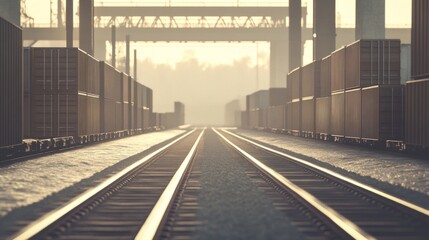 Fototapeta premium Train tracks vanishing into misty sunrise at cargo port.
