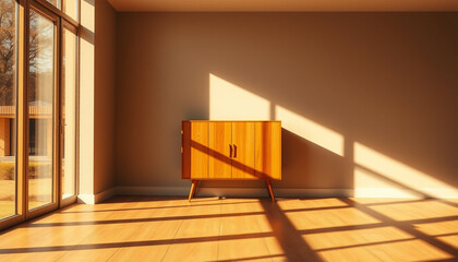 Wooden cabinet in sunlit room with warm shadows