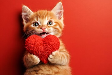Cute havana brown baby feline with fluffy red heart - emblem of love, funny greeting card. Havana brown - my cherished cat. Ad creative. Cute pet valentine. Adorable valentine's kitten photo.