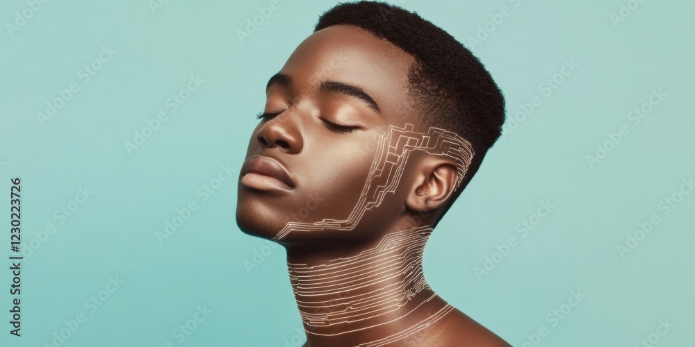 Poster futuristic cybernetic portrait afrocentric human-android fusion with circuitry motif for tech brandi