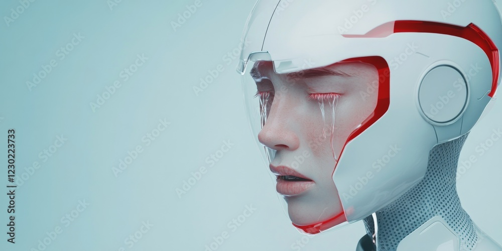 Poster Futuristic Emotional Tech AI-Driven Android with Synthetic Tears and Red Accents - Enhancing Digital Marketing and Human-Machine Interaction