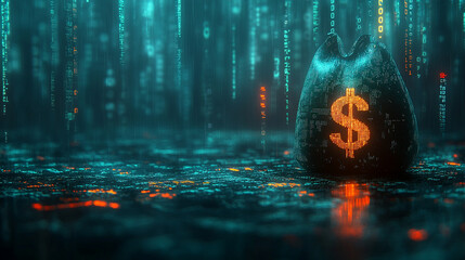 A digital money bag with a dollar sign sits in front of a bank amidst flowing binary code symbolizing the concept of a virtual wallet in a modern and minimalistic setting with bright tones and blurred
