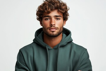 Fototapeta premium Young man in a green hoodie poses confidently against a neutral backdrop in a modern studio setting