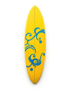 Quirky yellow surfboard with bold blue patterns on white backdrop, surfboard design ideas, summer essentials, stand out, custom surfboard, artsy