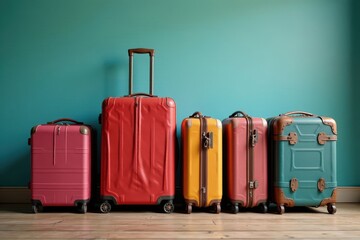 Row of distressed suitcases, various sizes, long perspective, travel bags, retro