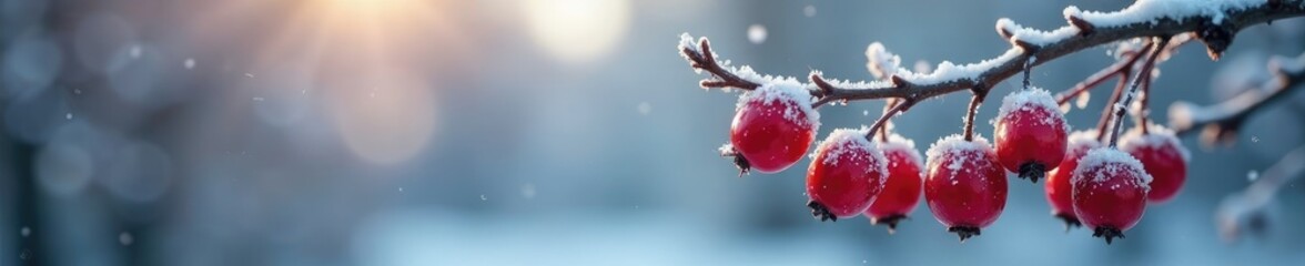 Frosted red berries cling to bare branches in the cold, winter, seasonal, frozen