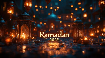 Obraz premium Ramadan Calligraphy with Lanterns and Mosque Silhouettes – 2025 Celebration in Night Cityscape