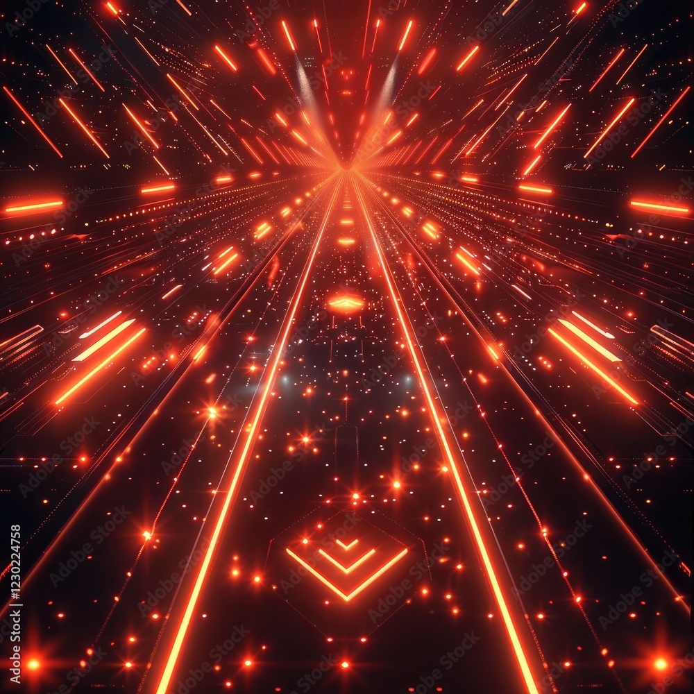 Poster red futuristic technology background, glowing light, pattern, arrow shape pattern, small arrow head 