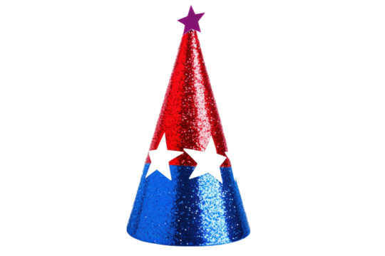 Isolated Sparkling Red White and Blue Cone Party Hat with Purple Star