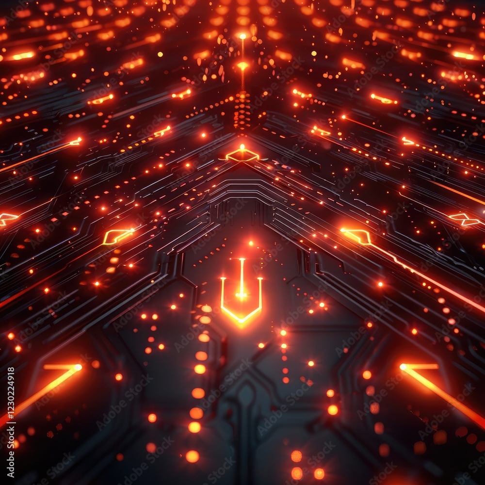 Poster red futuristic technology background, glowing light, pattern, arrow shape pattern, small arrow head 
