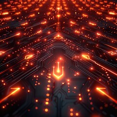 Fototapeta premium Red futuristic technology background, glowing light, pattern, arrow shape pattern, small arrow head shape patter, red color, glow.