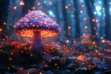 Photo sur Plexiglas Mysterious glowing mushroom illuminates a foggy forest at twilight with twinkling lights