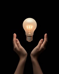 Minimalist Innovation Hands Framing Glowing Light Bulb - Eco-friendly Technology Visuals for Business Sustainability and Energy Efficiency in Marketing Strategies