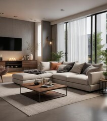 Fototapeta premium Open-plan lounge, sectional sofa, coffee table, modern lighting , modern interior, style, table