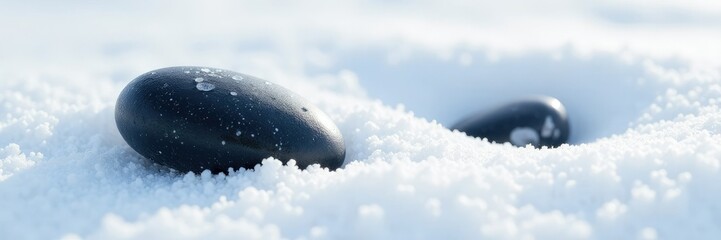 Isolated black pebbles sit on a snowy white surface, snow, isolated objects, monochromatic colors