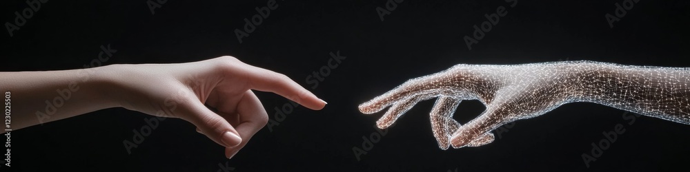 Fototapete Futuristic Digital Network Two Hands with Illuminated Wireframe Touching in Black Background - Perfect for AI Innovation and Technology Connection, Boosting Modern Brand Imagery