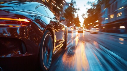 Dynamic Motion Blur of Sports Car Driving at Sunset