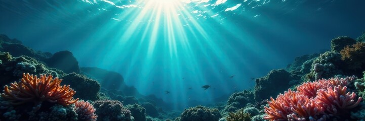 Fototapeta premium Sunbeam penetrates deep ocean, illuminating coral reef, light rays, sea