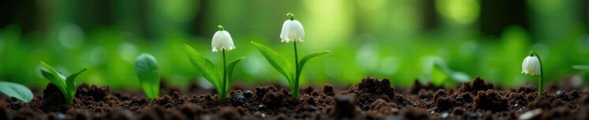 Lily of the valley stems rise from wet soil in the forest floor, growing plants, forest environment, soil