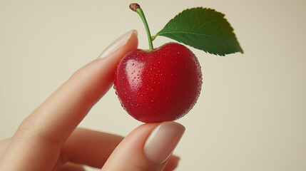 A cherry held between two fingers ready to be eaten