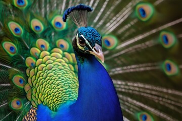 Close up view of an Indian peacock proudly displaying its vibrant, iridescent feathers, showcasing a stunning array of colors and patterns