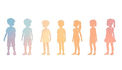 Silhouettes of children's bodies in different growth stages, on a white background. Vector illustration, with a flat design, simple shapes, and a minimalistic style. 