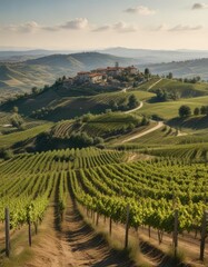 Fototapeta premium Rolling hills of vineyards in Langhe landscape, wine route, vineyard