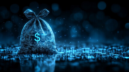A digital money bag with a dollar sign sits in front of a bank amidst flowing binary code symbolizing the concept of a virtual wallet in a modern and minimalistic setting with bright tones and blurred