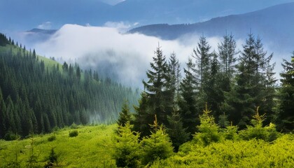 Obraz premium Foggy forest in the early morning.