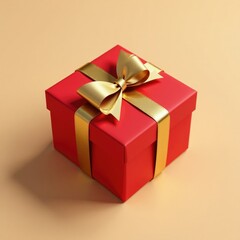 Obraz premium Luxurious gift wrapped in red paper with a shiny gold ribbon against a soft beige background with shadows, luxury, present, shadow