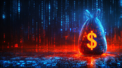 A digital money bag with a dollar sign sits in front of a bank amidst flowing binary code symbolizing the concept of a virtual wallet in a modern and minimalistic setting with bright tones and blurred