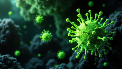 Illustration of a virus with green spikes against dark background.