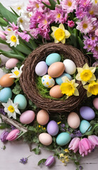 Colorful painted easter eggs in nest