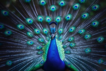 Obraz premium Beautiful peacock displaying its vibrant, iridescent feathers in an enchanting courtship ritual, showcasing nature's stunning beauty