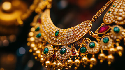 Close up photo of a gold jewel with emeralds on it