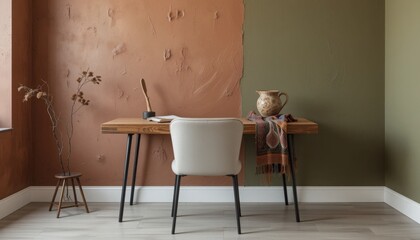 A stylish desk sits against a two-tone wall, harmonizing earthy hues. Decorated with a rustic pitcher and a colorful throw, the space radiates warmth and creativity, perfect for productivity