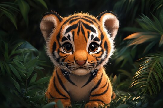 Cute animated tiger cub resting among lush green foliage in a vibrant jungle setting during daylight