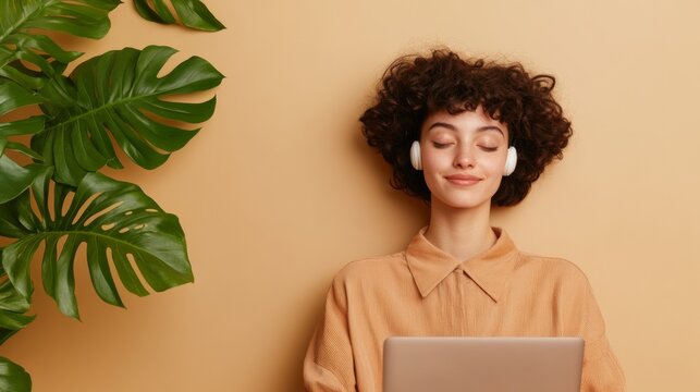 Serene Tech Vibe Young Woman with Afro Hair Coding on Laptop in Cozy, Plant-Filled Home Office - Promoting Remote Work Comfort and Digital Nomad Lifestyle for Future-Forward Brands