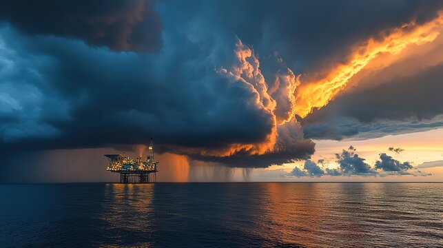 A dramatic scene of an offshore oil rig with storm clouds forming on the horizon,