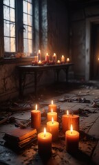 haunting image of burning candles in a dimly lit abandoned room, spooky, abandonment, mysterious