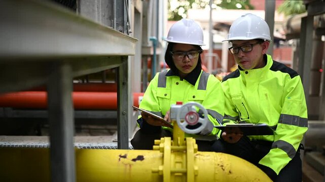 Young engineer working at large factory,Technician in protective uniform and with hardhat  checking temperature in pipes