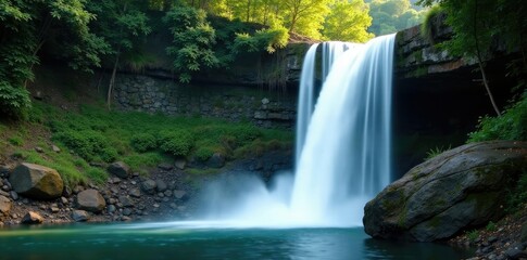 Fototapeta premium Serene waterfall cascading down a rocky slope, cascade, , atmosphere