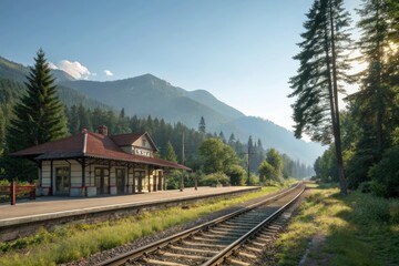 Fototapeta premium Scenic view of a railway station nestled among lush greenery and towering trees under a bright blue sky, nature, greenery