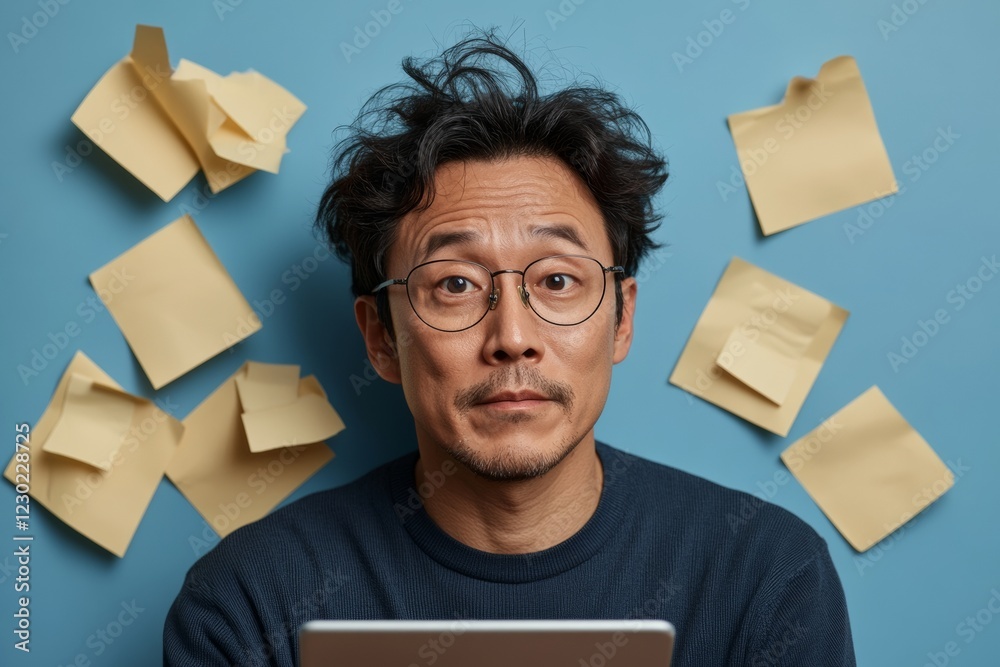 Aufkleber modern certification prep focused korean male, 35, engaged with digital study tablet and notes - tec