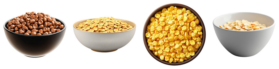 Bowl of cornflakes isolated on transparent background, PNG, set of